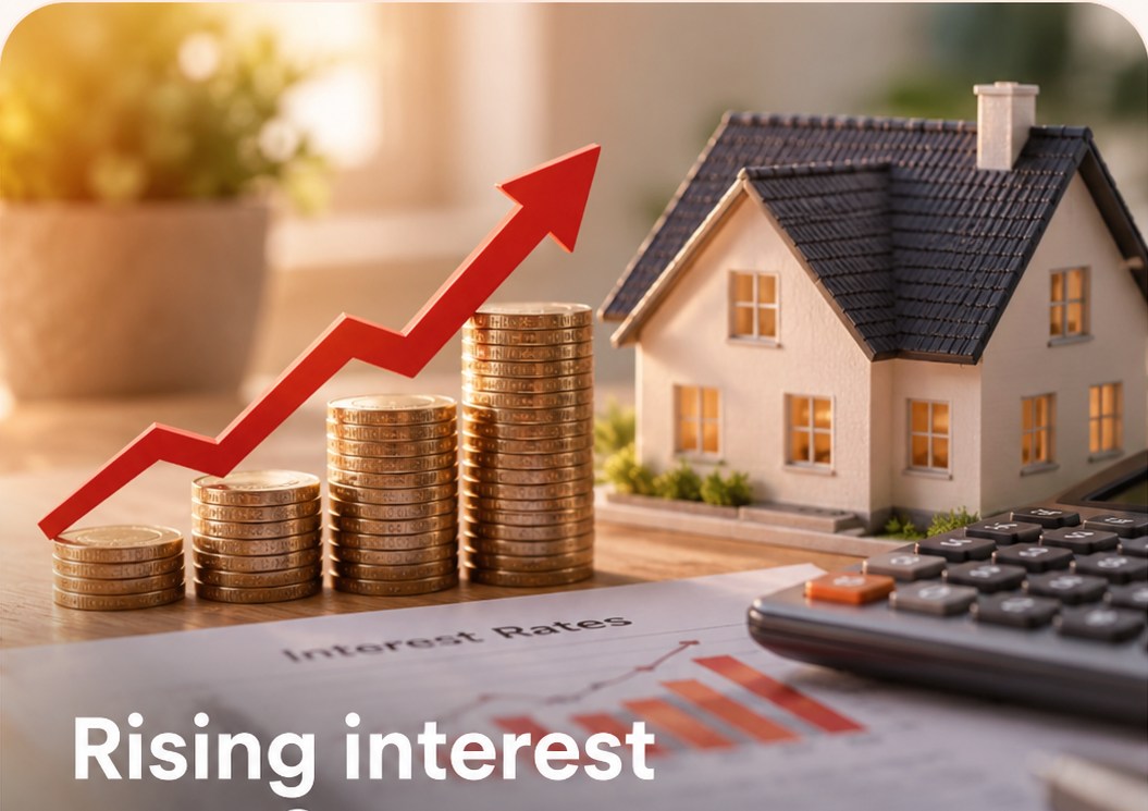 House, rising coin stacks and upward arrow representing higher mortgage interest rates